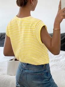 Camiseta casual de mujer de cuello redondo y manga corta, hecha de punto de guata - Amarillo - Ver 2