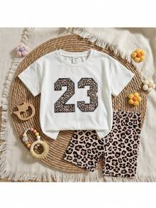 THE HAPPY LOOK Young Girl Leopard Print Numeric Pattern Knit Soft Round Neck Short Sleeve T-Shirt And Elastic Waist Shorts 2-Piece Set - Multicolor - View 3