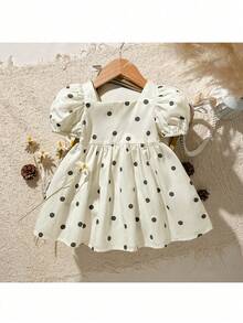 Loomiva Baby Girl Polka Dot Pattern Square Neck Petal Sleeve Cinched Waist Dress - Beige - View 5