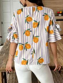 Elouméa Pink Striped & Yellow Lemon Print Round Neck Blouse With Bow Sleeve Decor, Spring/Summer Holiday Wear - Multicolor - View 2