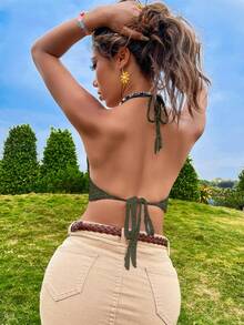 Breezaya Women's Solid Color Halter Tie Casual Versatile Daily Wear Knit Top - Army Green - View 2
