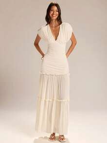 SHEIN BAE Đầm maxi màu mơ, cổ chữ V sâu, xếp ly, phối lưới, kiểu dáng gợi cảm quyến rũ cho kỳ nghỉ và tiệc tùng. - Màu be - Xem 1