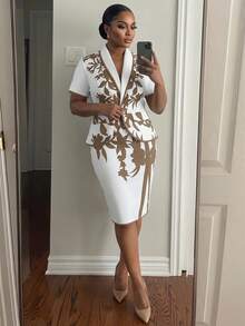 SHEIN Lady Plus Size Women Plant Pattern Shawl Collar Short Sleeve Jacket And Mini Skirt Elegant Suit Set - Khaki - View 3