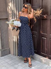 SHEIN PariChic Vestido casual de estilo francés con estampado de lunares para vacaciones, con tirantes de espagueti, para primavera/verano - Azul - Ver 5