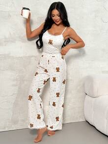 SHEIN PETITE 2 piezas Conjunto de top de tirantes y pantalones con estampado de oso para mujer - Albaricoque - Ver 6