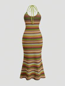 Sweetra Bohemian Style Vacation Beach Summer Retro Women Spaghetti Strap Knit Dress - Green - View 2