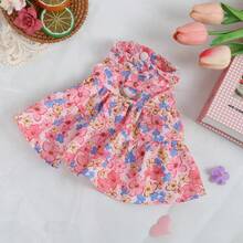PETSIN Summer Floral Pet Dress With D-Ring, Adjustable Open Chest Pink & Blue Flower Ruffled Dog Clothes, Princess Dress For Teddy, Bichon, Pomeranian, Cats For Outdoor Walks - Pink - View 3