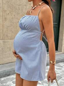 SHEIN Bộ áo liền quần bà bầu kẻ sọc thời trang gợi cảm - Xanh và trắng - Xem 3