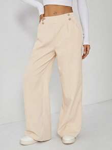 SHEIN EZwear Summer Elegant Casual Metal Double Button Straight Leg Office Pants, Beige, Plus Size - Beige - View 6