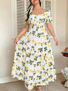 FleurLily Elegant White Summer Ditsy Floral Dress With Square Neck,Puff Sleeves,Waist Cinching,Ruffle Hem,Flowy A-Line Silhouette,Curve Party Holiday Garden - Multicolor - View 5