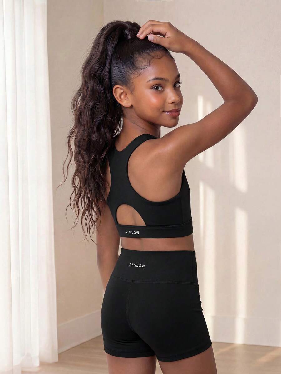 SHEIN Tween Girls Active Top & Shorts Set, Black High Stretch Fabric With Shiny Crystals, Suitable For Gymnastics, Dance Training Workout Outfit - Black - View 1