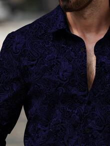 Manfinity Roughcore Plus Size Men's Casual Cashew Print Button-Down Long Sleeve Shirt - Navy Blue - View 5