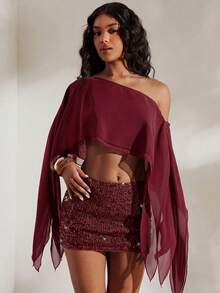 Opulessa 2pcs Solid Color Knit Fitted Tube Top & Asymmetric Neck Loose Woven Blouse Set,Summer Top - Burgundy - View 5