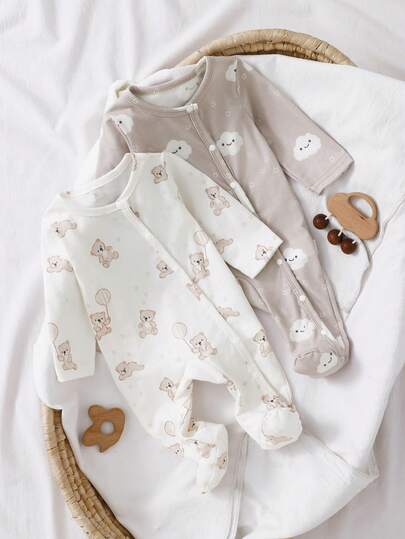 2 Packs Newborn Baby Rompers, Cute Cartoon Cloud, Star, Bear Digital Print, Soft & Comfortable Long Sleeve Footed Jumpsuit