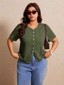 Elaquor Plus Size Women's Solid Color Single-Breasted Casual Versatile Daily Wear Short Sleeve T-Shirt - Army Green - View 4