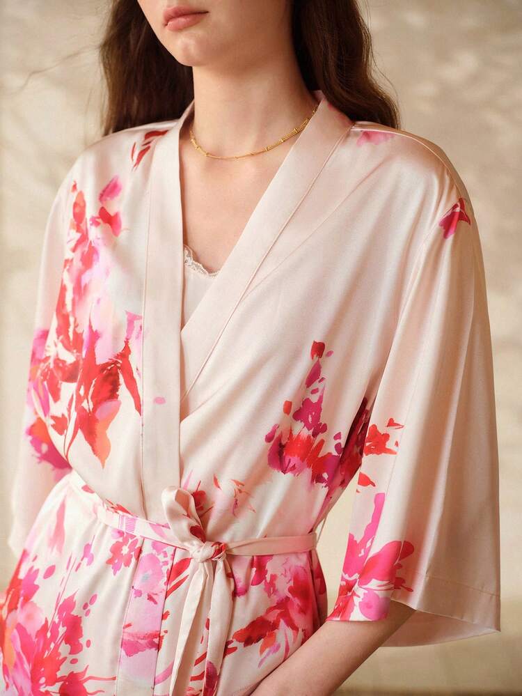 WOMEN'S SATIN PRINTED 3/4 SLEEVE ROBE, SPRING/SUMMER
