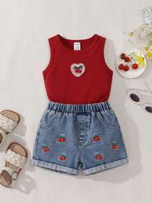 SHEIN Playful Pals 2pcs Baby Girls' White Floral Print Tank Top And Loose Comfortable Green Denim Shorts Set, Casual And Cute Style - Red - View 4