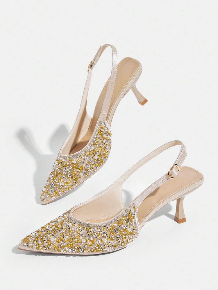 CUCCOO TILAWA Women's Shoes Pointed Champagne Rhinestone Pearl Decoration Back Strap Fashionable Gorgeous Wear Party Shoes Stiletto High Heel Sandals