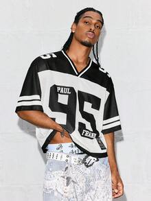 Paul Frank X SHEIN قميص كاجوال قصير الأكمام مطبوع بأرقام للرجال - أبيض وأسود - مشاهدة 2