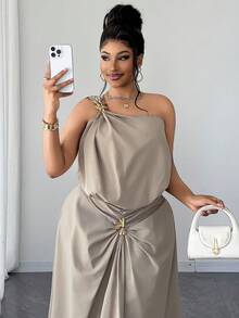 Maweii Große Größen Set aus asymmetrisch geschnittener Bluse und Rock in Unifarbe, elegantes Design, romantisch und modisch - Khaki - Übersicht 2