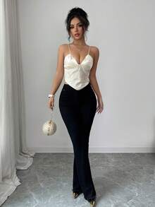 Elenzga Áo tank top crop top dây mảnh màu sâm panh gợi cảm đính sequin, áo camisole ôm sát tôn dáng thanh lịch dự tiệc. - Rượu sâm banh - Xem 7