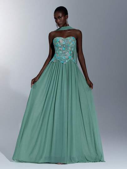 Elitara Elegant Luxurious Beaded Embroidered Elastic Knit Ruched Maxi Dress, Suitable For Weddings, Events, Parties, Holidays, Vacation, Cocktail