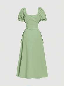 SHEIN MOD Đầm nghỉ mát nữ tay bồng cánh hoa thắt eo - màu xanh lá - Xem 5