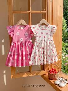Cozy Pixies 2pcs Baby Girl Floral Print Knit Soft Round Neck Short Sleeve Cinched Waist Dress Set - Pink - View 9
