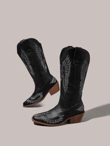 Styleloop Giày bốt nữ sinh trung học màu nâu thêu họa tiết, bốt cao bồi mũi nhọn gót thô, bốt hiệp sĩ, bốt da thêu họa tiết dành cho người đi xe máy. - Da đen - Xem 6