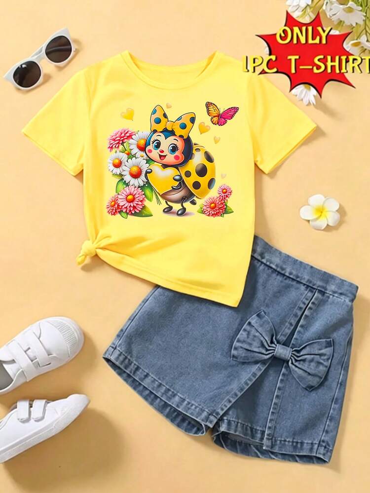 Girls' Casual Creative Cute Ladybug, Polka Dot, Bow, Heart, Butterfly, Leaf Print Short T-Shirt, Comfortable Daily Wear, Suitable For Spring, Summer And Autumn - Yellow - View 1