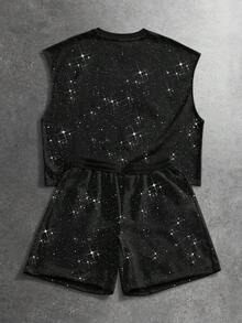 ROMWE MEN Street Life Bộ đồ nam gồm áo tank top cổ tròn đính sequin và quần short cạp chun có túi. - màu đen - Xem 2