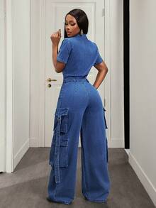 Slaydiva Women's Zipper Cargo Pocket Loose Casual Denim Jumpsuit - Dark Wash - View 2