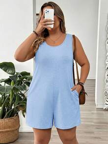 SHEIN LUNE Rompi Tanpa Lengan Kasual Wanita Ukuran Besar Warna Polos Leher Bulat dengan Kantong - Baby Blue - View 6