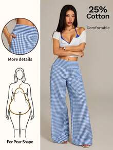 SHEIN PETITE Women's Casual Daily Drawstring Waist Plaid Wide Leg Pants - Blue and White - View 3