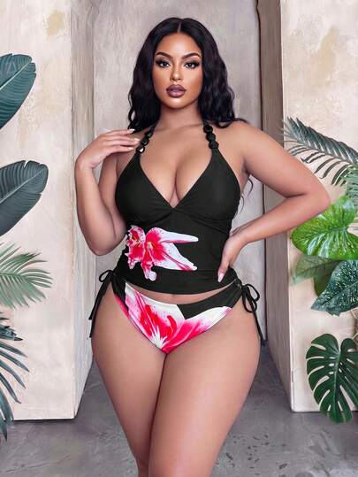 Slaydiva Bộ tankini cổ yếm in hoa dành cho người có thân hình mũm mĩm, thích hợp cho kỳ nghỉ hè trên bãi biển.