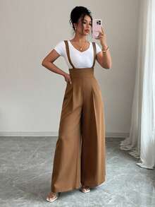 Elenzga Bộ jumpsuit ống rộng xếp ly đa năng dành cho nữ - màu nâu - Xem 5