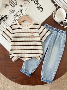 SHEIN 2pcs/Set Young Boy Fashionable Patterned Knit Striped Embroidered Short Sleeve Top With Elastic Waist Washed Denim Pants,Summer,School,Back-To-School - Apricot - View 4