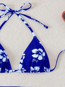 Swim Mod 女士三件套随机印花V领挂脖比基尼上衣配同款迷你裙泳装套装，夏季 - 寶藍色 - 查看 4