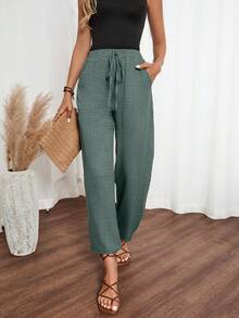 EMERY ROSE Pantalones con efecto de mezclilla y adorno floral en los lados para mujer - Verde Oscuro - Ver 4