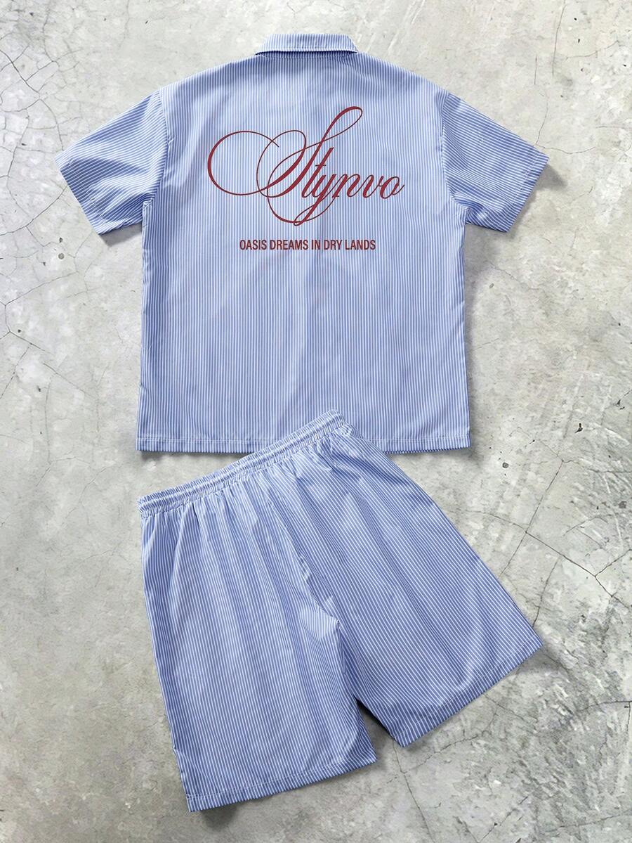 STYNVO Men's Casual Striped Letter Print Short Sleeve Shirt And Shorts Set, Summer - Blue - View 1
