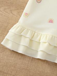 SHEIN Playful Pals 女嬰彩虹印花泡泡袖POLO領荷葉邊下擺黃色洋裝 可愛夏季返校粉黃色休閒短袖 - 黃色 - 查看 6