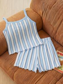GARFIELD | SHEIN Set Pakaian Santai Kasual Atasan Camisole dan Celana Pendek Motif Kartun Garis-garis untuk Anak Perempuan Remaja - Blue and White - View 2