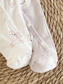 2 paquetes de mamelucos para bebés recién nacidos, con estampados lindos de nubes, estrellas y osos, de manga larga y con pies, suaves y cómodos - Multicolor - Ver 6