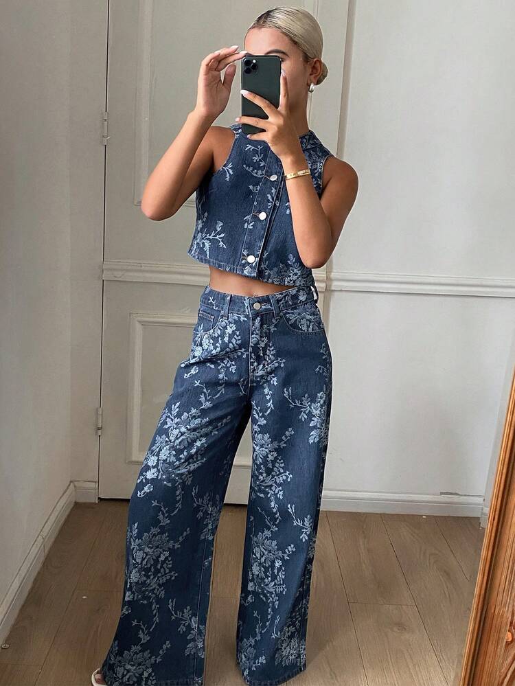 Women's Floral Print Round Neck Sleeveless Cardigan Top And Loose Straight Leg Jeans Vacation Suit