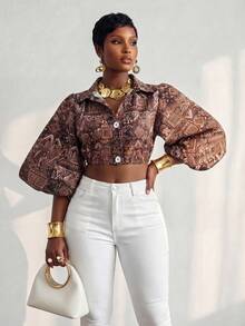 SHEIN Women's All-Over Print Front Button Loose Elegant Blouse - Multicolor - View 6