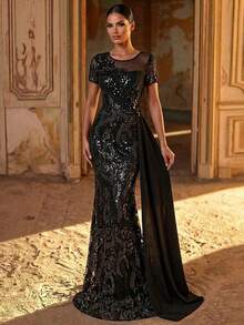 Serin Đầm đuôi cá sang trọng, thanh lịch, đính ngọc trai, thêu ren, phối sequin, tay áo voan mỏng, thích hợp cho đám cưới, tiệc tùng, kỳ nghỉ, dạ hội, lễ hội, cô dâu, mẹ cô dâu, đầm dạ tiệc. - màu đen - Xem 5