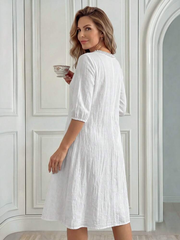 Mother's White Collar Splice Knitted Mid-Length Casual Dress, Comfortable Cotton Fabric, Suitable For Daily Gathering, Beach Vacation, New Arrival