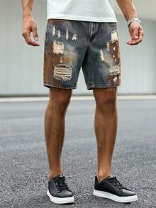 Manfinity LEGND Quần short denim rách, vẽ họa tiết, unisex - Màu xanh lam - Xem 4