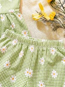 SHEIN 2件套女婴幼儿/新生儿0-3岁休闲日常可爱度假条纹蝴蝶结装饰吊带背心+短裤套装，春夏款 - 綠色 - 查看 5