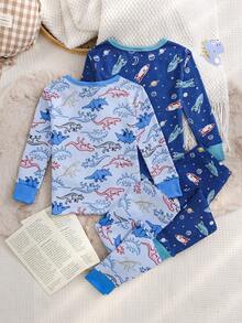 Cozy Pixies Bộ đồ ngủ 4 món ôm sát in hình khủng long hoạt hình, gồm áo dài tay và quần, dành cho bé trai. - Màu xanh ngọc - Xem 2